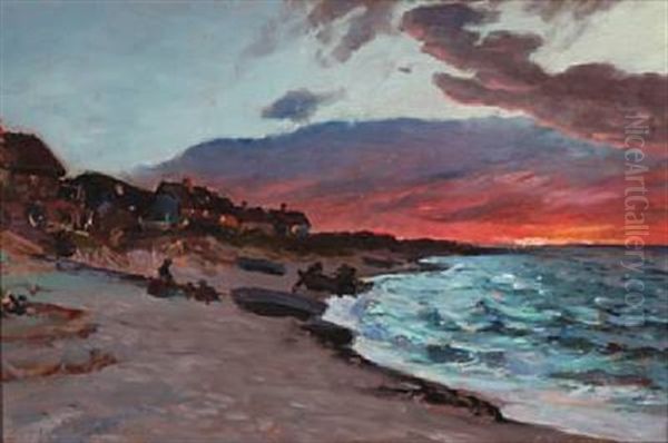 Sunset At Tisvildeleje Beach Oil Painting by Viggo Christian Frederick Pedersen
