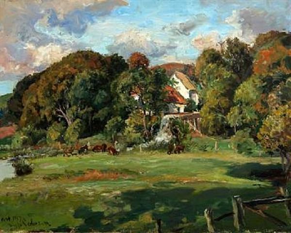 Grazing Cows Near The Water Mill At Oreso Oil Painting by Viggo Christian Frederick Pedersen