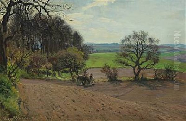Landscape With A Farmer Ploughing The Field Oil Painting by Viggo Christian Frederick Pedersen