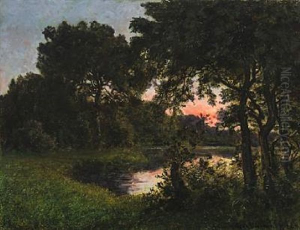Evening At The Forest Lake Oil Painting by Viggo Christian Frederick Pedersen