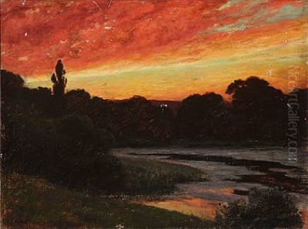 Sunset By A Pond Oil Painting by Viggo Christian Frederick Pedersen