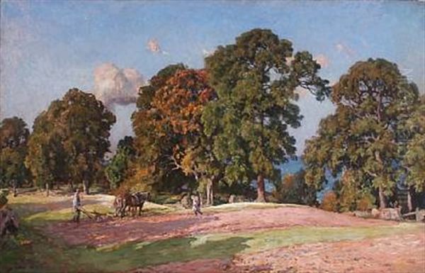 Traegrupper Langs Stranden. Septemberplojning Oil Painting by Viggo Christian Frederick Pedersen