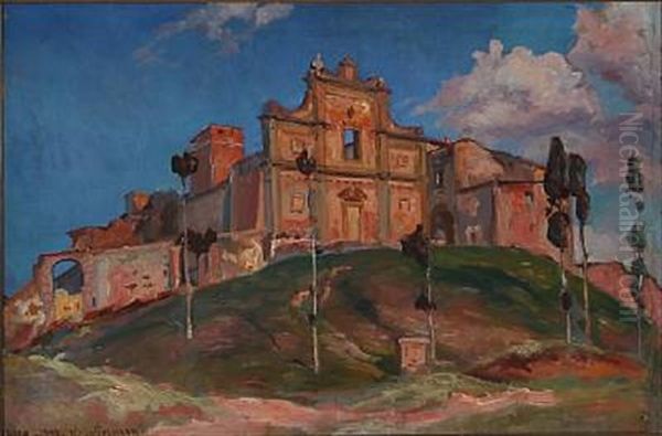 Under Badia-kirkens Ruiner. Solnedgang. Volterra Oil Painting by Viggo Christian Frederick Pedersen