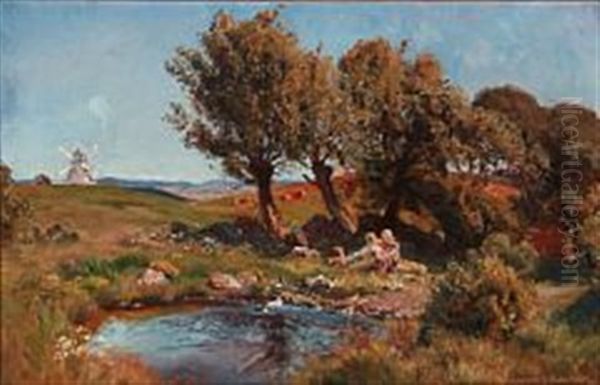 Summer Landscape With Two Children At A Pond Oil Painting by Viggo Christian Frederick Pedersen