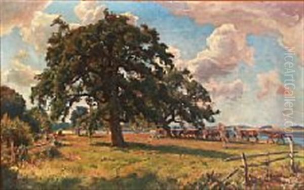 Horses In A Meadow Oil Painting by Viggo Christian Frederick Pedersen