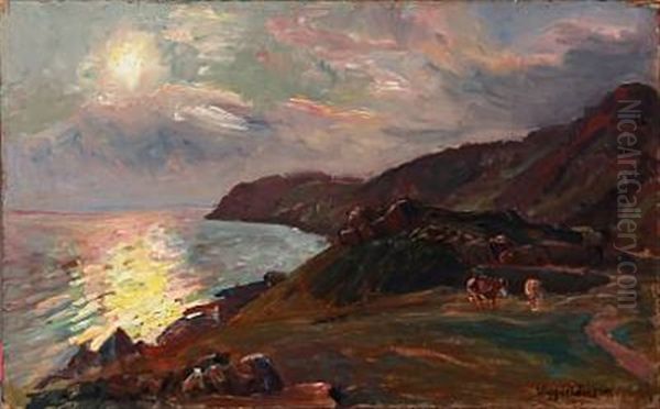 Coastline With Graizing Cows, A Late Summer Evening At Kullen, Sweden Oil Painting by Viggo Christian Frederick Pedersen