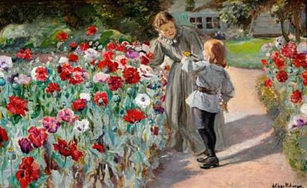 The Artist's Wife And Son Johannes At A Bed Of Poppies In The Garden Of The Family Villa Karlsberg Near Hillerod Oil Painting by Viggo Christian Frederick Pedersen