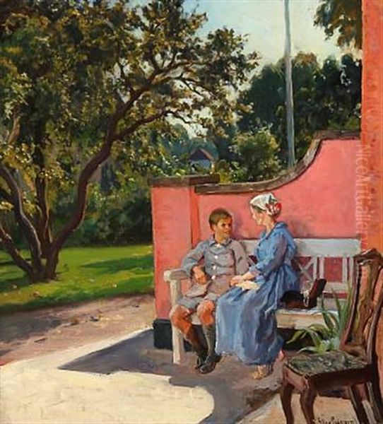Mother And Son Talking On A Bench In A Garden Oil Painting by Viggo Christian Frederick Pedersen
