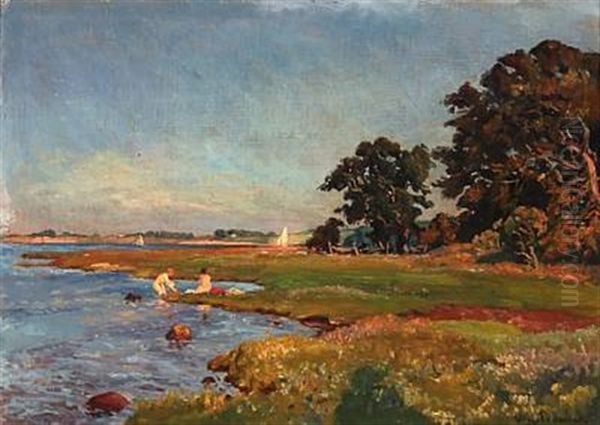 Summer Day With People Bathing At The Coast Oil Painting by Viggo Christian Frederick Pedersen