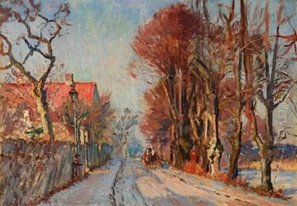 Landevejen Forbi Karlsberg, Hillerod. Rimfrost Oil Painting by Viggo Christian Frederick Pedersen