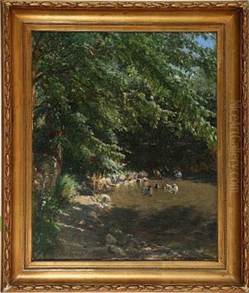 Sunny Afternoon At A Pond Oil Painting by Viggo Christian Frederick Pedersen
