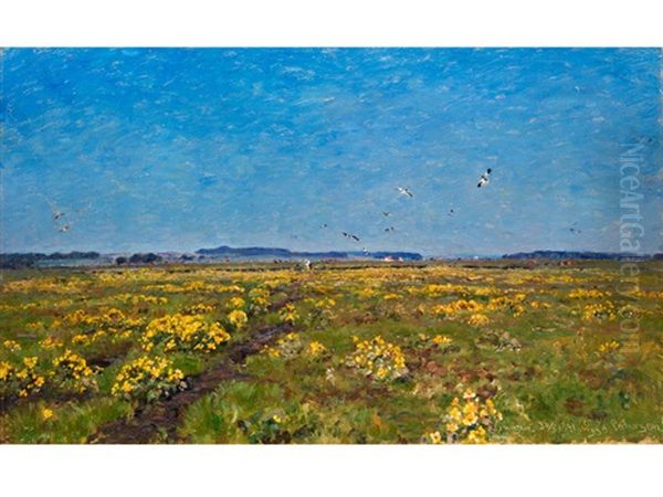 Weite Moorlandschaft Mit Gelben Dotterblumen Und Auffliegenden Vogeln Oil Painting by Viggo Christian Frederick Pedersen