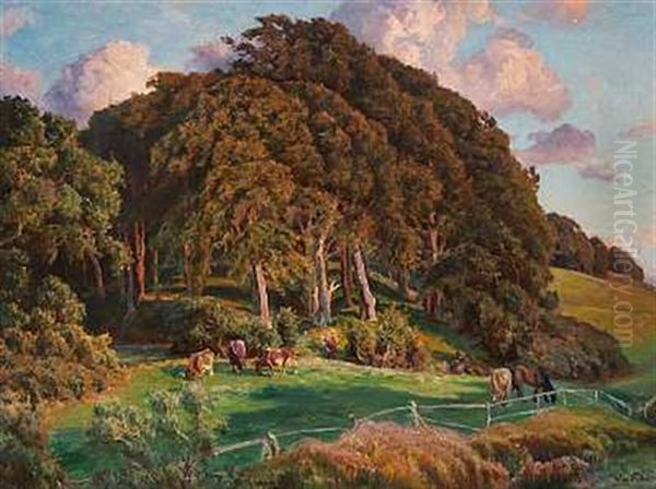Bakket Landskab Med Graessende Koer (fra Store Hestehave Ved Hillerod?) Oil Painting by Viggo Christian Frederick Pedersen