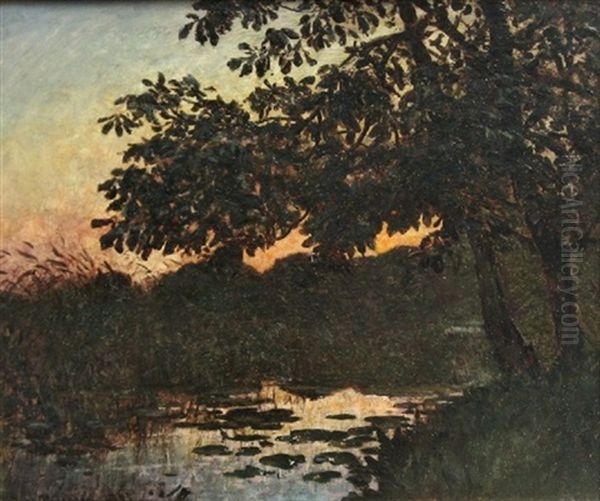 En Skovso Ved Solnedgang Oil Painting by Viggo Christian Frederick Pedersen