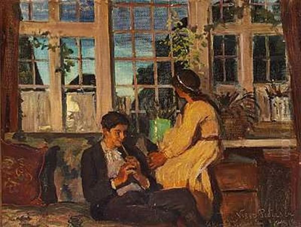 Interior Fra Kunstnerens Hjem. Et Ungt Par Hygger Sig I Skumringen Oil Painting by Viggo Christian Frederick Pedersen