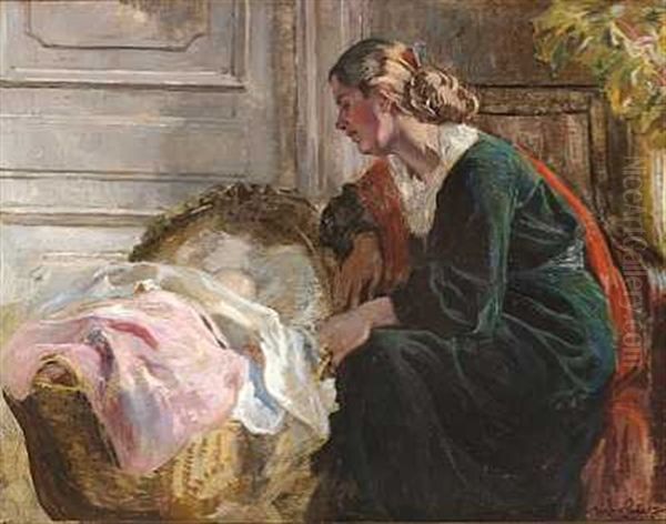 Moderen Ved Vuggen Oil Painting by Viggo Christian Frederick Pedersen