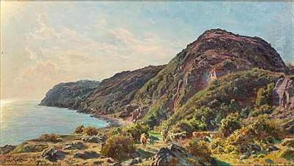 Klippekyst Med Koer I Forgrunden (kullen?) Oil Painting by Viggo Christian Frederick Pedersen