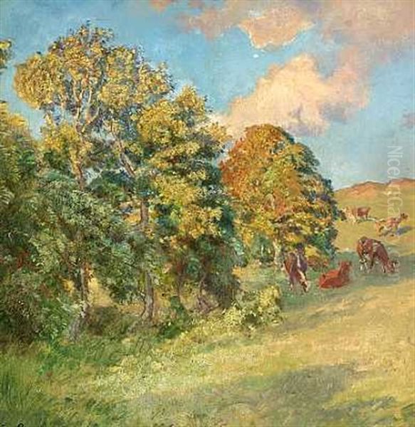 Landskab Med Graessende Koer Oil Painting by Viggo Christian Frederick Pedersen