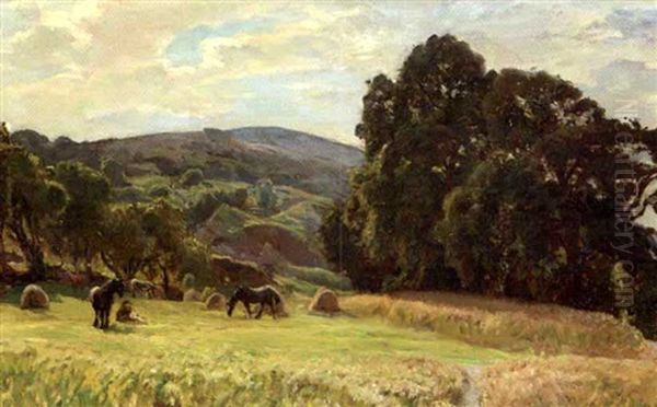 Graessende Heste Oil Painting by Viggo Christian Frederick Pedersen