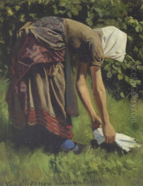 Bondepige Med Hvidt Torklaede, Der Samler Noget Op Fra Graesset Oil Painting by Viggo Christian Frederick Pedersen