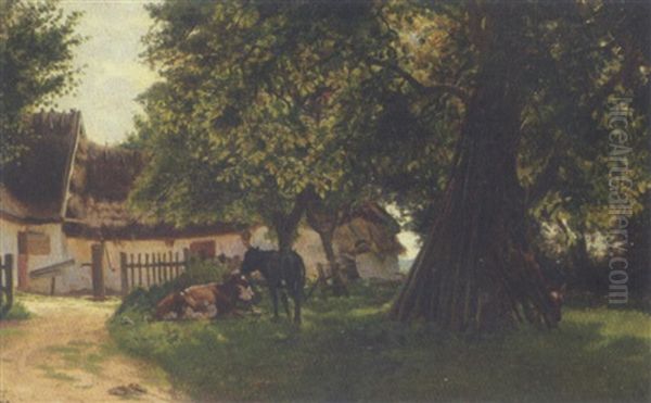Kalve I Skyggen Under Et Valnoddetrae Bag Bondegaarden Oil Painting by Viggo Christian Frederick Pedersen