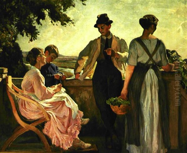 Paa Trappen Udenfor Havedoren. Udsigt Over Aamosen Oil Painting by Viggo Christian Frederick Pedersen