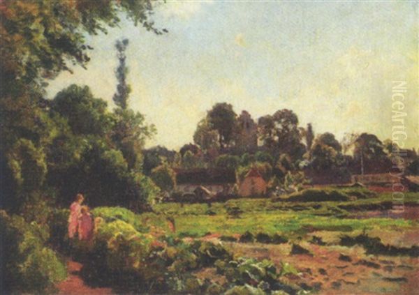 To Piger Kikker Pa Blomster, Udkanten Af En Landsby Oil Painting by Viggo Christian Frederick Pedersen