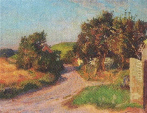 Landskab Med Huse Ved Vej Oil Painting by Viggo Christian Frederick Pedersen