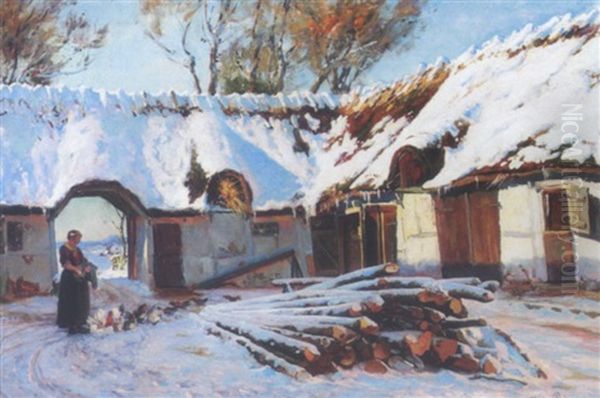 Gardexterior Med Ung Kvinde, Der Fodrer Hons, Vinter Oil Painting by Viggo Christian Frederick Pedersen