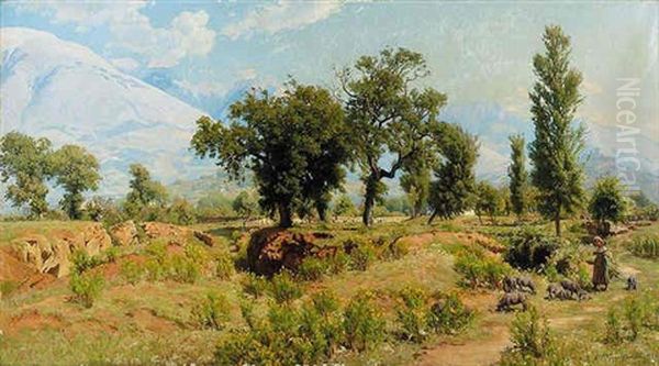 A Swine Herd In An Italian Landscape Oil Painting by Viggo Christian Frederick Pedersen