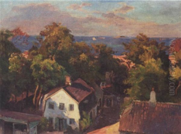 Udsigt Over Huse Of Traeer Naer Vandet Oil Painting by Viggo Christian Frederick Pedersen