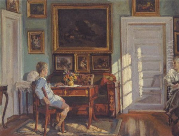 Solskin I En Stue Med Figurer Oil Painting by Viggo Christian Frederick Pedersen