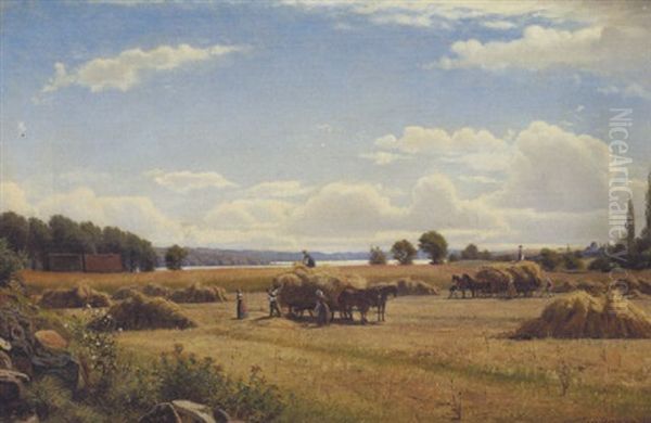 Landskab Med Hostfolk, Motivet Fra Frederikskilde Ved Tyrstrup So Oil Painting by Viggo Christian Frederick Pedersen