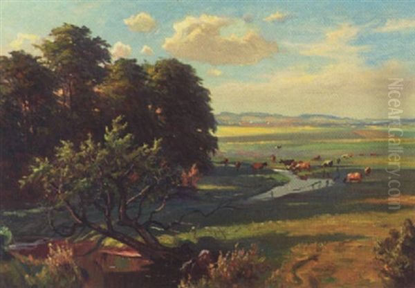 Dansk Sommerlandskab Med Koer Ved Aen Oil Painting by Viggo Christian Frederick Pedersen