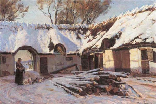 En Vinterdag Pa Gardspladsen Oil Painting by Viggo Christian Frederick Pedersen