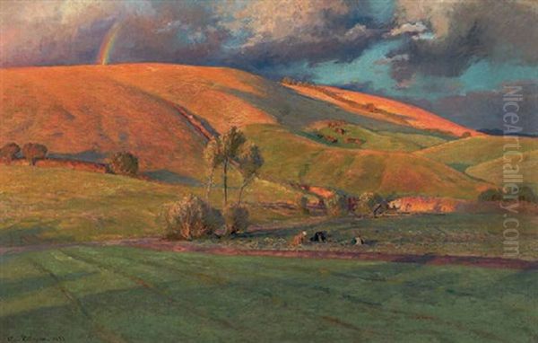 Bakket Landskab Med Baerplukkere Oil Painting by Viggo Christian Frederick Pedersen