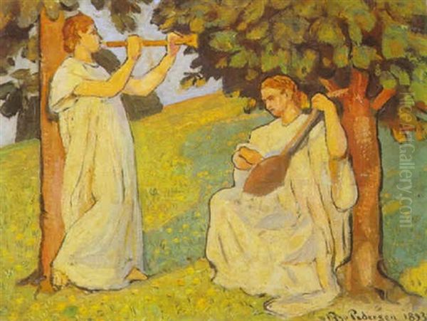 Musicerende Kvinder I Landskab Oil Painting by Viggo Christian Frederick Pedersen
