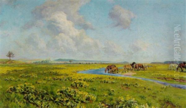 Sommerlandskab Med Heste Ved En Baek Oil Painting by Viggo Christian Frederick Pedersen