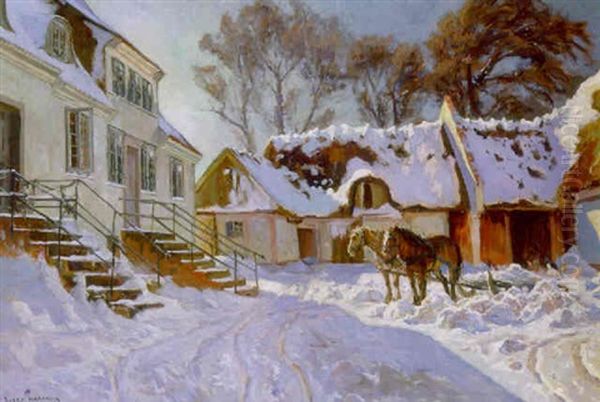 Tilsneet Gardsplads Med Forspaendte Heste Og Hons I Vintersolen Oil Painting by Viggo Christian Frederick Pedersen