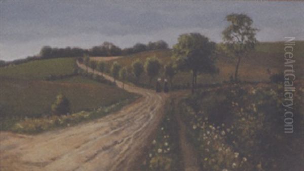 Landskab Med To Kvinder I Passiar, I Baggrunden Hestekoretoj Oil Painting by Viggo Christian Frederick Pedersen