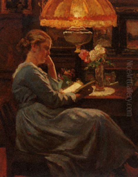 Reading By Lamplight Oil Painting by Viggo Christian Frederick Pedersen
