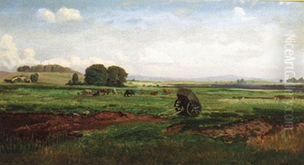 An Extensive Farm Landscape Oil Painting by Viggo Christian Frederick Pedersen