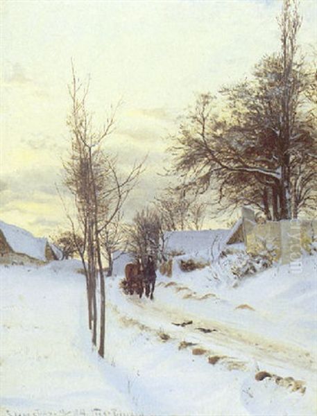 Vinterparti Fra Skamstrup Med Hestekoretoj Oil Painting by Viggo Christian Frederick Pedersen