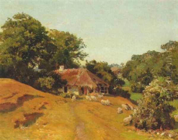 Landskab Med Far Ved Et Bondehus Oil Painting by Viggo Christian Frederick Pedersen
