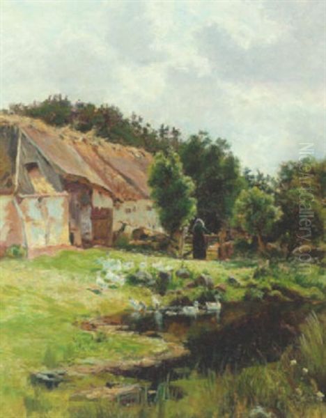 Aenderne Lukkes Ud I Dammen Bag Den Gamle Gard Oil Painting by Viggo Christian Frederick Pedersen