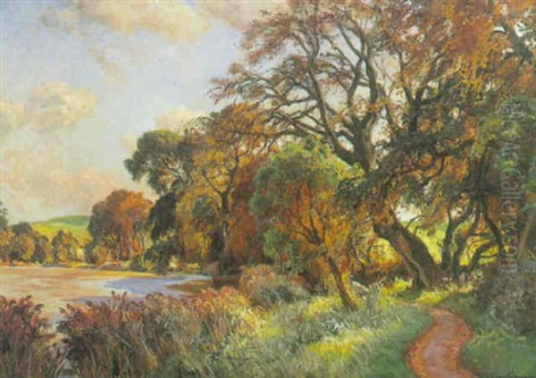 Skovparti Med So, I Baggrunden Gronne Marker Oil Painting by Viggo Christian Frederick Pedersen