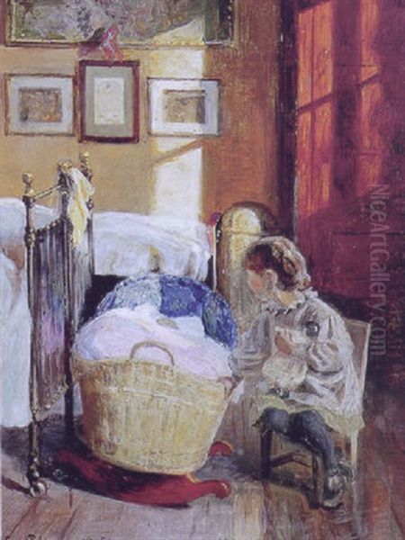 Interior Med Lille Pige Sin Dukke Ved Lillesosters Vugge Oil Painting by Viggo Christian Frederick Pedersen