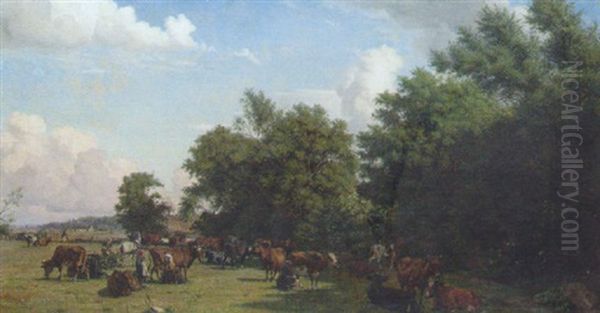 A Cattle Farm Oil Painting by Viggo Christian Frederick Pedersen