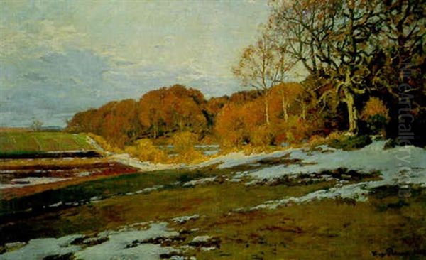 Melting Snow In An Extensive Landscape Oil Painting by Viggo Christian Frederick Pedersen