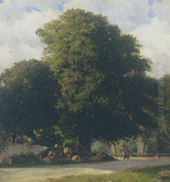 Parti Fra Sora Med Kvinde Og Barn Pa Vej Mellem Store Traeer Oil Painting by Viggo Christian Frederick Pedersen